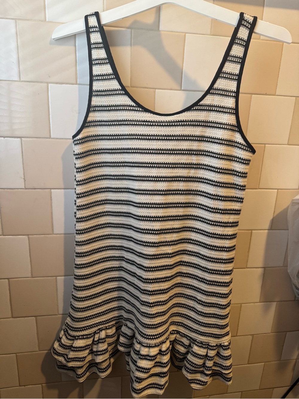 Divided Black and White Striped Ruffle-Hem Tank Dress